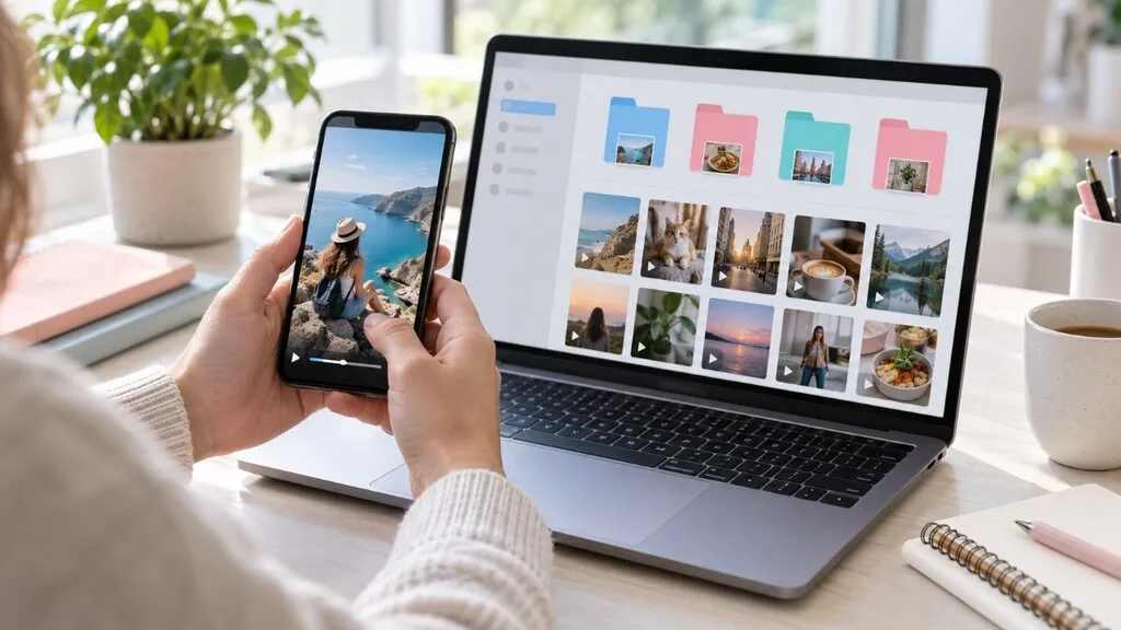 Mãos segurando smartphone com vídeo vertical ao lado de notebook com pastas de arquivos organizadas